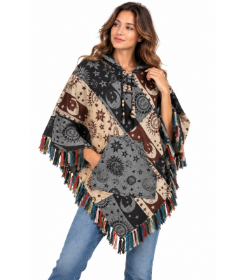 Cotton Multi Print Block Artwork Hooded Fringe Poncho DT25802