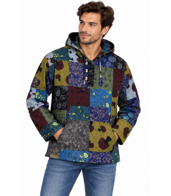 Cotton Multi Print Patchwork Drawstring  Mushroom Hooded Pullover (DT49)