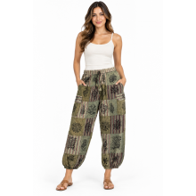 Cotton Green Multi  Block Print Patchwork Drawstring Box Pocket Bottom Closer Yoga Pant DT57