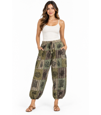 Cotton Green Multi  Block Print Patchwork Drawstring Box Pocket Bottom Closer Yoga Pant DT57