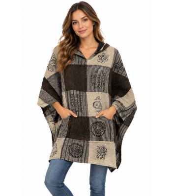 Cotton Block Print Black White Hood O/S Pullover Jacket DT86