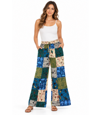 Cotton Multi Blue Patchwork Mushroom Palazzo Pant DT96
