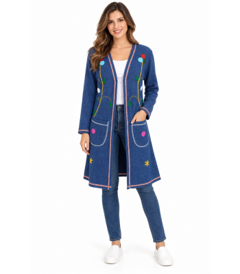 Women  Flower Emb  Two pocket open Front  Long Cardigan Jacket FC37