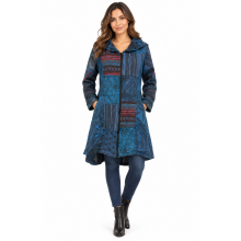 Cotton Patchwork  High Low  Zip  Blue Long Jacket G349