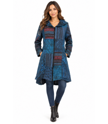  Cotton Patchwork  High Low  Zip  Blue Long Jacket G349