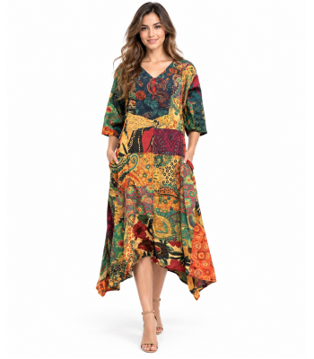 Cotton Multi Print Himalayan Floral V neck Dress HF06