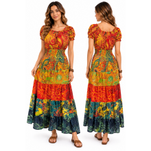 Cotton Stonewash Multi African Floral Cap sleeve Long Maxi Dress  HF23
