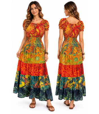 Cotton Stonewash Multi African Floral Cap sleeve Long Maxi Dress  HF23