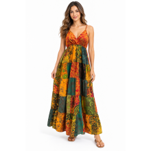 Cotton Multi Color Patchwork Boho Spaghetti Strap V neck Dress HF39