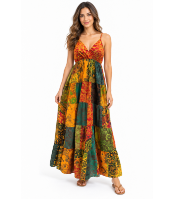 Cotton Multi Color Patchwork Boho Spaghetti Strap V neck Dress HF39
