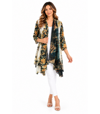 Women's 3/4 SLV Golden Floral  High Low Open Front Cardigan KBS10