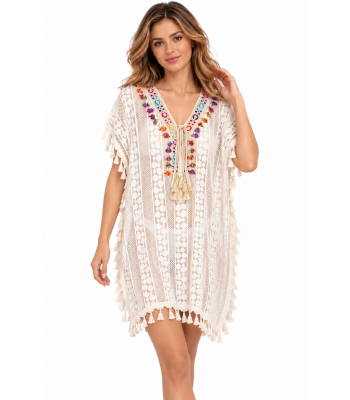 Lace Decorated Multi color V Neck Fringe Beach Cover Up KG53