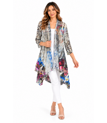 Women's 3/4 SLV Multi Floral  High Low Open Front  Long Cardigan KS2375