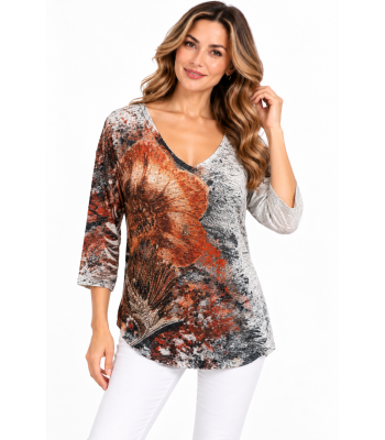 Women's Flowers Emb V Neck Tunic Top KS25639