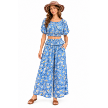 Rayon White and Blue Floral Set Pant and Top KTB454