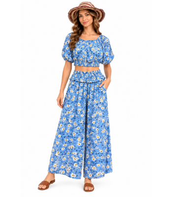Rayon White and Blue Floral Set Pant and Top KTB454
