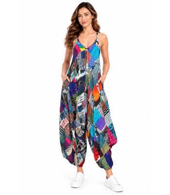 Rayon Multi Color Patchwork Tie Knot Jumpsuit Overall KTB467