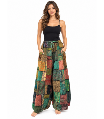 Cotton Stonewashed Patchwork Block Print Palazzo Pant KTD25695