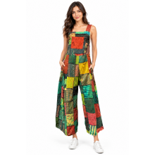 Cotton Stonewashed Patchwork Block Print Jumpsuit Overall KTD25696