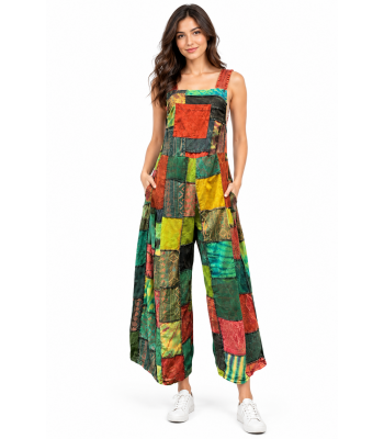 Cotton Stonewashed Patchwork Block Print Jumpsuit Overall KTD25696