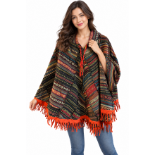Cotton Multi Color Patchwork Fleece Hooded Fringe Boho Poncho KTD26377
