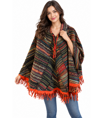 Cotton Multi Color Patchwork Fleece Hooded Fringe Boho Poncho KTD26377