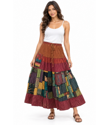 Cotton Multi Color Stonewash Patchwork Long Skirt KTD26379
