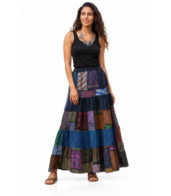 Cotton Multi Color Stonewash Patchwork Long Skirt KTD26380