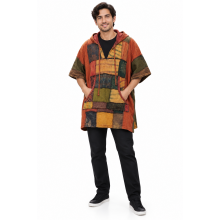 Cotton Multi Color Patchwork Half Slv Fleece on Hood  Festival Pullover Jacket KTD26381