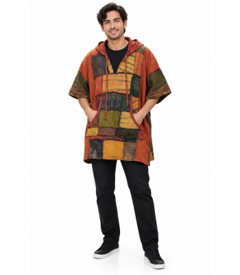 Cotton Multi Color Patchwork Half Slv Fleece on Hood  Festival Pullover Jacket KTD26381