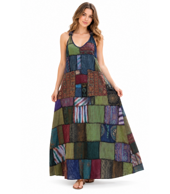 Cotton Multi Color Stonewash Patchwork Long Dress KTD26384  
