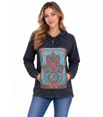 Cotton Stonewash Hooded Hamsa Pullover Jacket KTD26385