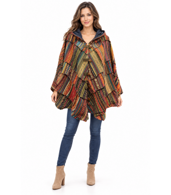Cotton Multi Color Patchwork Fleece Lining on Hood Butterfly Poncho KTD26386
