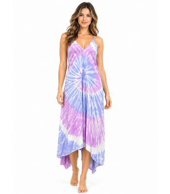 Rayon Tie Dye V neck Swirl Purple Dress KTE47