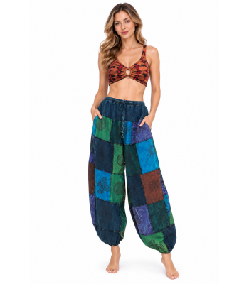 Cotton Stonewashed Patchwork Block Print PingPong Yoga  Pant KTK25696 