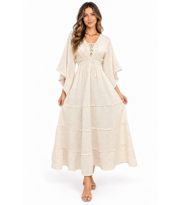 Cotton Comfy Bell Sleeve Long Tie Knot Ombre Dress KTK26300