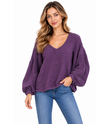Cotton V Neck Long Slv OS Top KTK418 Purple