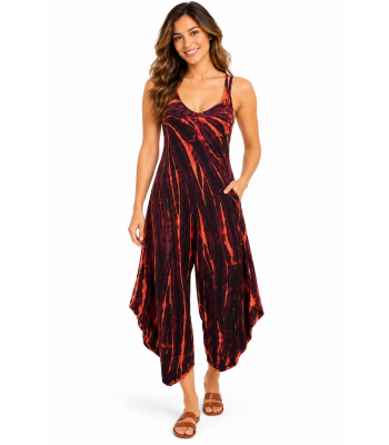 Rayon Tie Dye Redwood Double Stripe Overall Jumpsuit KTP1037