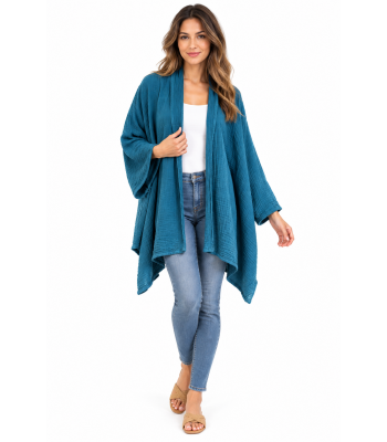 Cotton Crinkle Teal Open Front Short Cardigan KTX2566