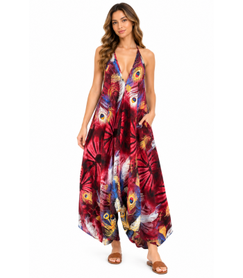 Rayon Tie Holter Feather Print Sun Dress KTY431