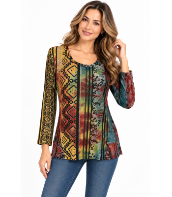 Women's Silver Multi Round Neck Top (KV8217)
