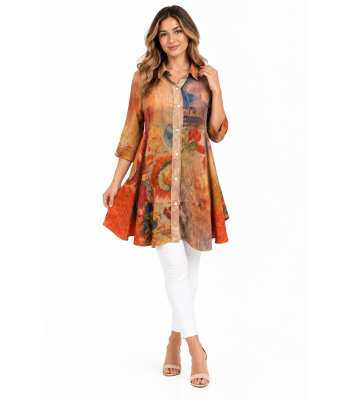 Red Multi Floral Button High Low Wide Tunic Shirt KX25028