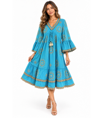 Cotton Crepe Lace Embroidery Turquoise Dress  MK1075