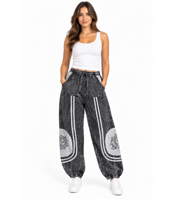 Cotton Patchwork Stonewashed Sun Moon Pant R25914