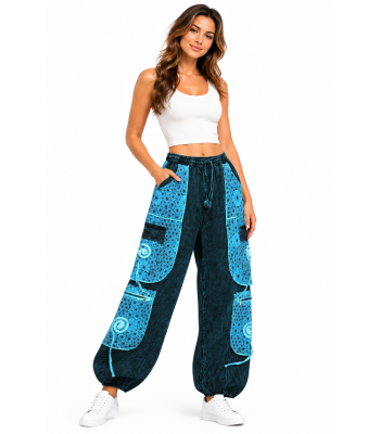 Cotton Multi Patchwork Blue Sea Swirl Sun Moon Pant R25925