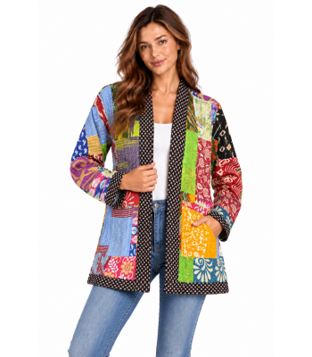 Cotton Hand Stiches Patchwork Kantha Open Front Cardigan Jacket R25993