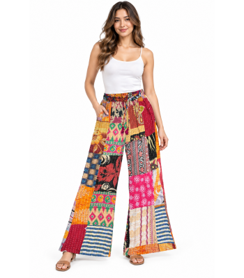 Cotton Multi Patch Wide Leg Palazzo Kantha Pant R26001