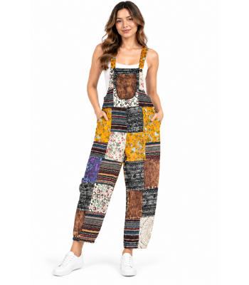 Cotton Patch work Elastic Back Tie Overall Jumpsuit R26003