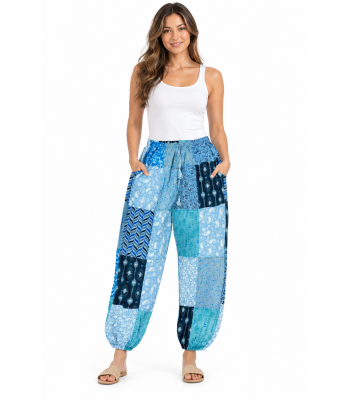 Cotton Multi Blue Patchwork Free Style Yoga Pant R261111
