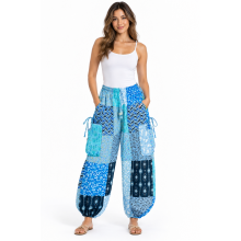 Cotton Multi Blue Patchwork Cargo Yoga Pant  R261112